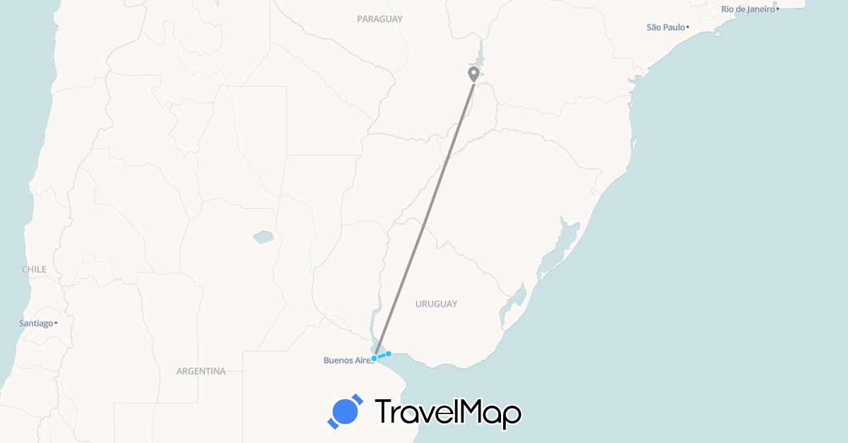 TravelMap itinerary: plane, boat in Argentina, Uruguay (South America)